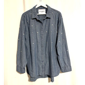 Karl Lagerfeld Shirt Womens Large Denim Blue Studded Button Down